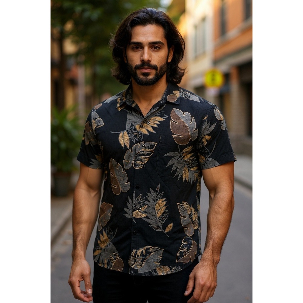 Vintage‎ 90's Tori Richard Honolulu Silk Aloha Shirt L Black Leaf Jacquaro Luxe